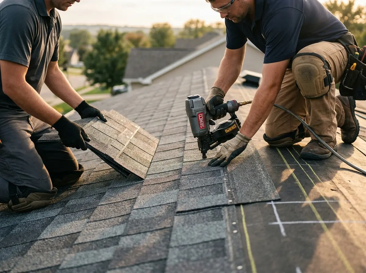 Professional roofer working on a residential roof in Winslow